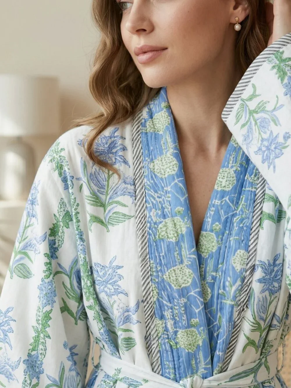 Reversible Cotton Kimono Robe, Hand Block Print Bathrobe, Floral Quilted for Her